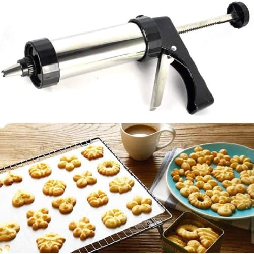 Cookie Press, Stainless Steel Biscuit Press Gun Set with 20 Cookie Discs and 4 Piping Nozzles, DIY Cookie Making Kit, Cookie Maker, Cookie Mold, Cake