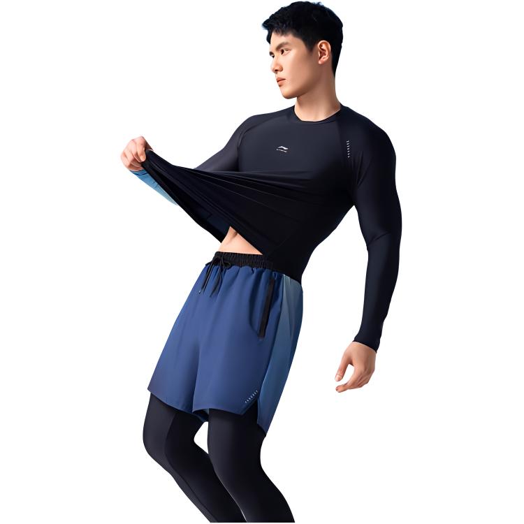Li Ning Gradient Round Neck Long Sleeve Top With Drawstring Fake Two Piece Long Pants Swimsuit Set Men Swimsuit LSYV545-1