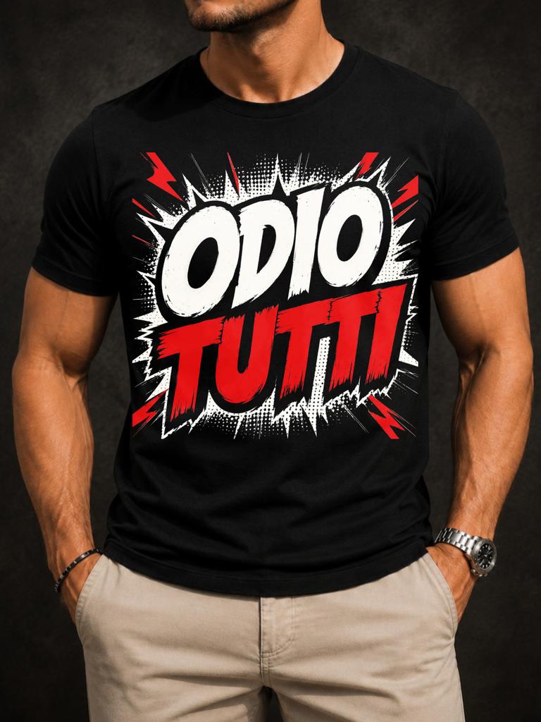 Italian Odio Tutti With Red Comic Burst Lightning Bolts Halftone Dots And Bold Brush Letters Mes Unisex All TShirt