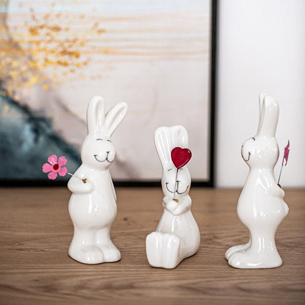 

3pcs Cute Couple Rabbit Figurine Handicraft Bunny Statue White Rabbit Ornament Party 3 Pcs