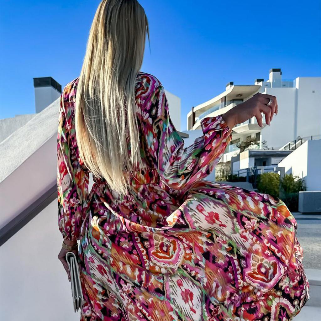 Women Fashion Casual Long Dress Sexy Dress V-neck Dress