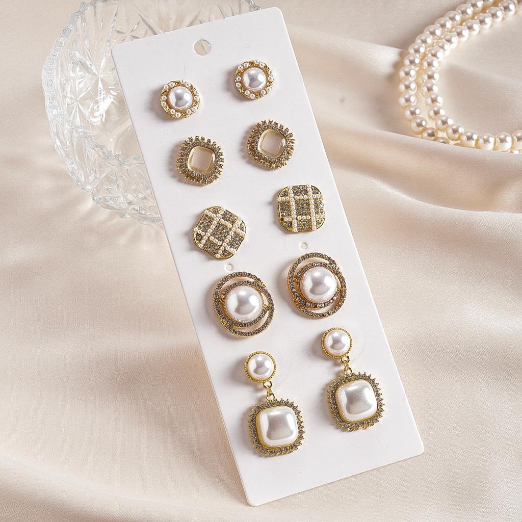 Ten-piece set of silver needle diamond imitation pearl geometric square round stud earrings retro light luxury earrings