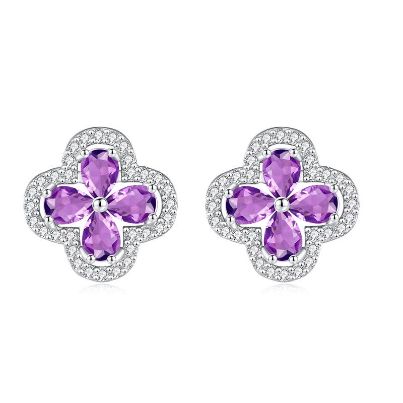 

S925 Sterling Silver Four Leaf Clover Stud Earrings Natural Amethyst Topaz Advanced Sense Earring Minimalist Luxury