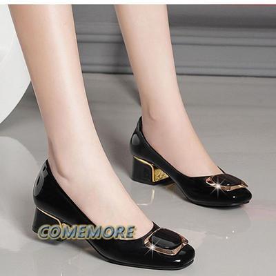 2024 New Female Women‘s High Heel Casual Square Toe Office Pumps Woman Solid Metal Decoration Ladies Shoes Spring Autumn Slip On