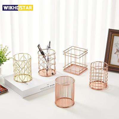 1pc Gold Metal Pen Holder for Desk, Makeup Brushes Cup, Pencil Holders and Office Home Organizer