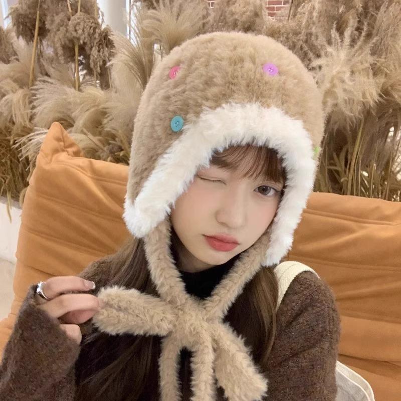 Autumn and winter children cute versatile thickened warm plush hat show face small winter ear hat