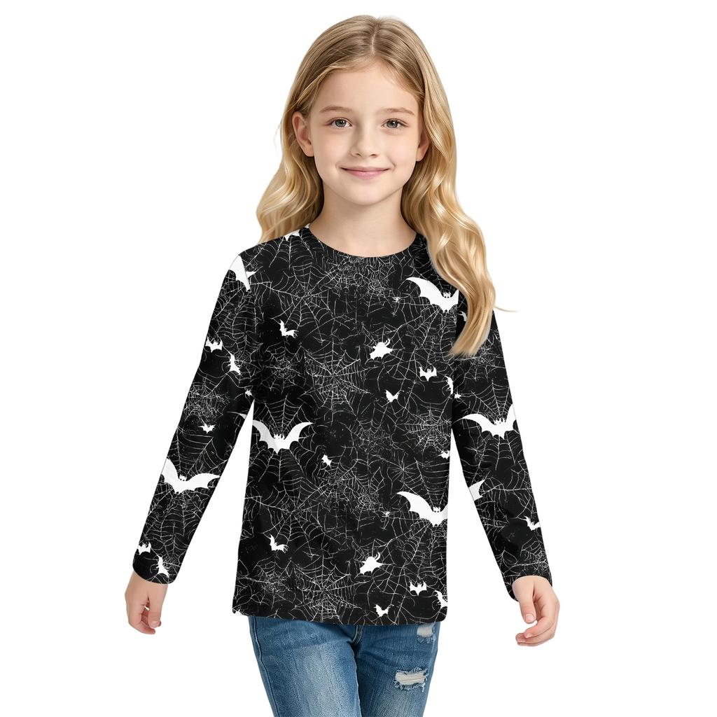 Kids' Long Sleeve Halloween Print T-Shirt with Round Neck for Everyday Wear