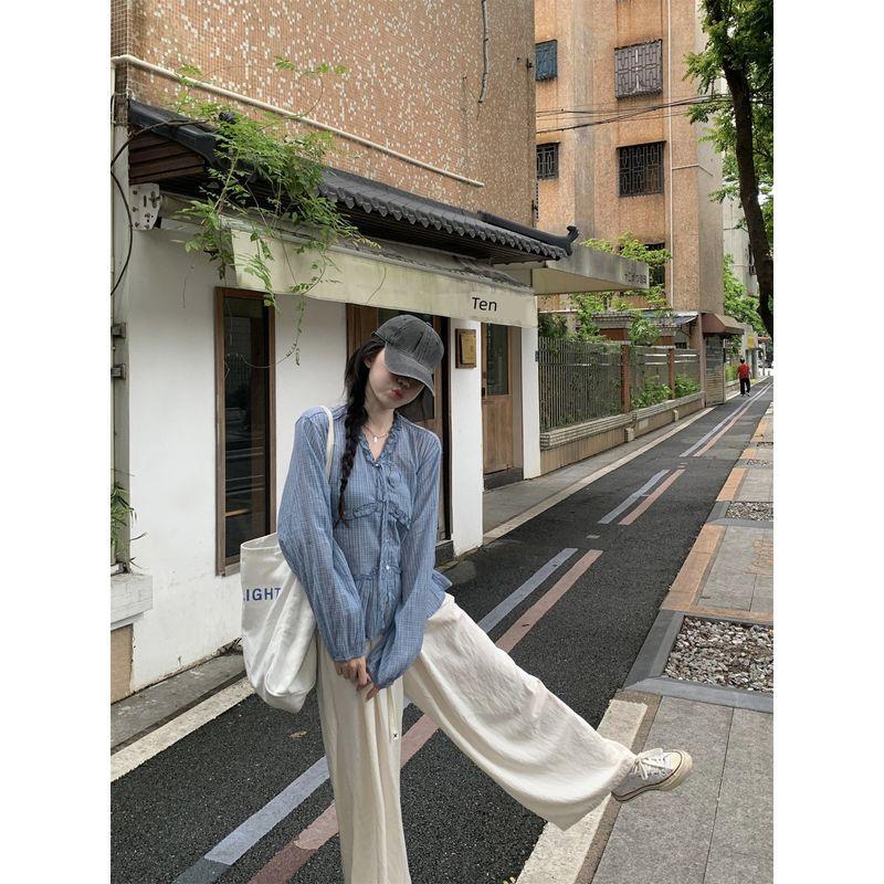 Kumikumi Design Sense Blue Plaid Lace-up Temperament Long Sleeve Shirts Women Autumn Loose Age-Reducing Versatile Top