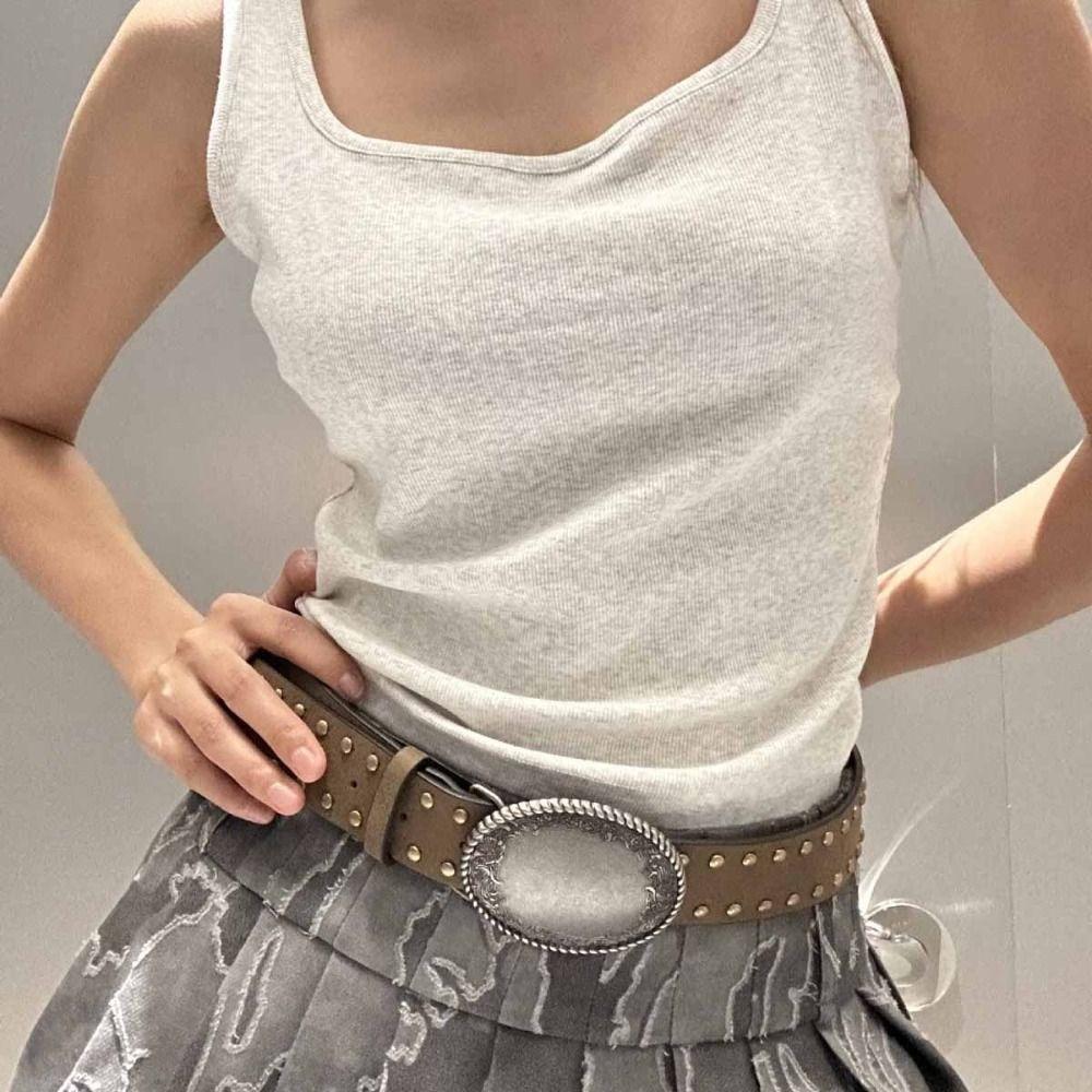 

Zinc Zinc Alloy Retro Rivet Waist Belt Metal Buckle Jeans Waistband Fashion Punk Style Belt Female коричневий