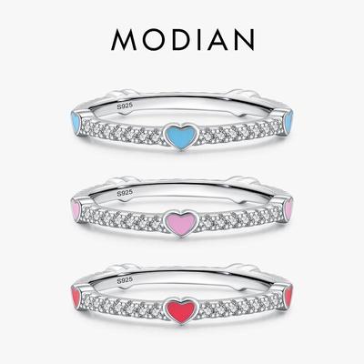 MODIAN 925 Sterling Silver Romantic 3 Color Enamel Heart Finger Rings For Women Sparkle Clear CZ Band Valentine's Day Gift