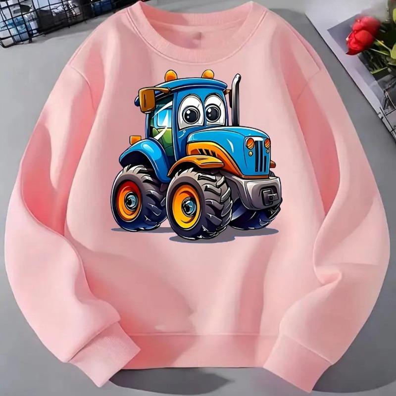 Felpa alla moda girocollo per bambini, Stampa carina con cartone animato di trattore