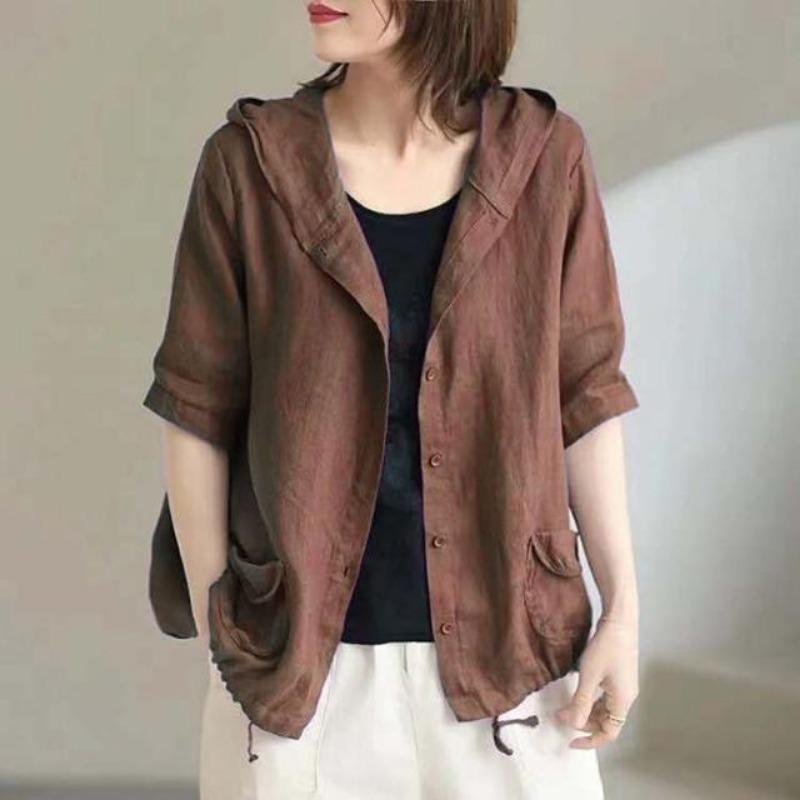 Large Size Loose Retro Casual Thin Hooded Cardigan Sun Protection Clothing Women's Artistic Top Summer Short Coat