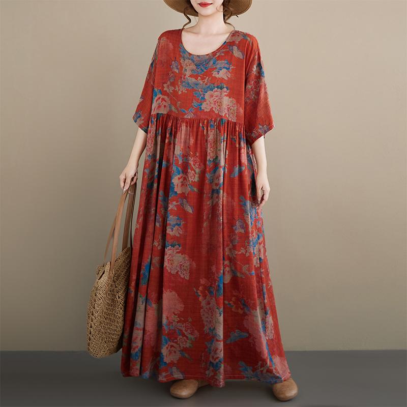 DIMANAF New 2026 Summer Women Plus Size Vintage Lady Long Dress Beach Loose Oversize Maxi Floral Print Cotton