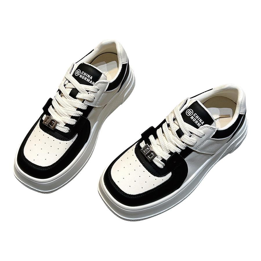 Matching Color Square Toe Round Toe Panda Sneakers Women's  New Thick-soled Casual Sports Shoes Genuine Leather Small White Shoes