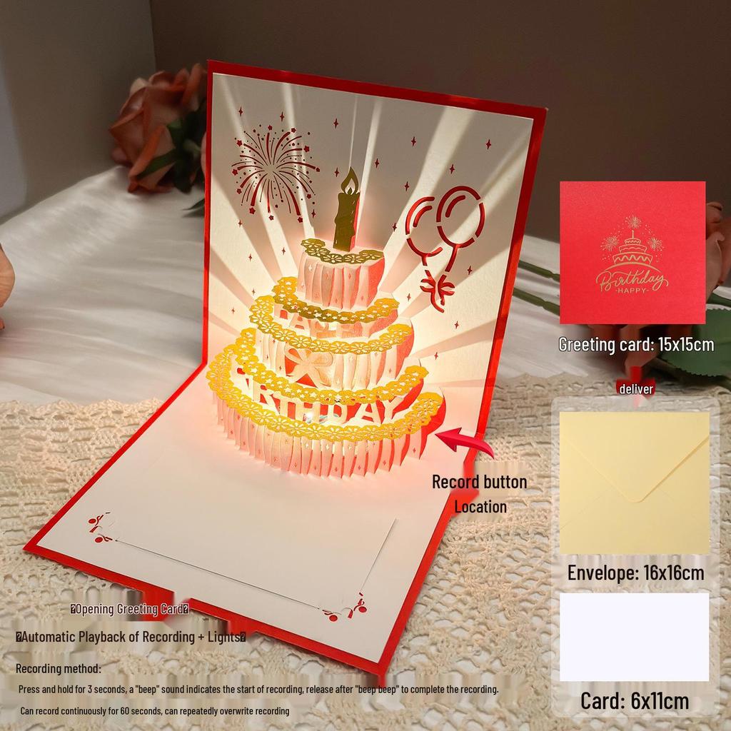 Dźwiękowa kartka urodzinowa 3D Pop-Up ze światłem do nagrywania - Wzór tortu na prezent dla chłopaka/dziewczyny