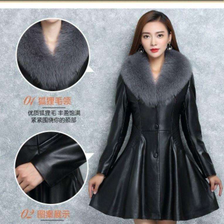Haining Leather Jacket Women's Medium and Long Imitation Fox Fur Collar Leather Jacket with Cotton Imitation Fur Jacket