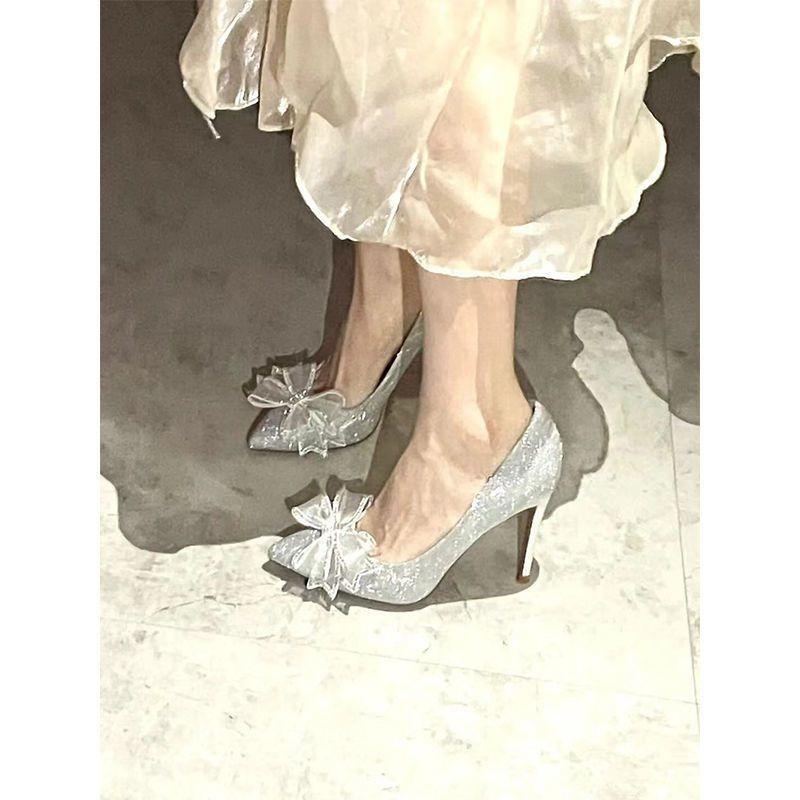 Silver Rhinestone Crystal Shoes Wedding Shoes Bridesmaid High Heels Stiletto Pointed Head Temperament Fairy Bow Single Shoes