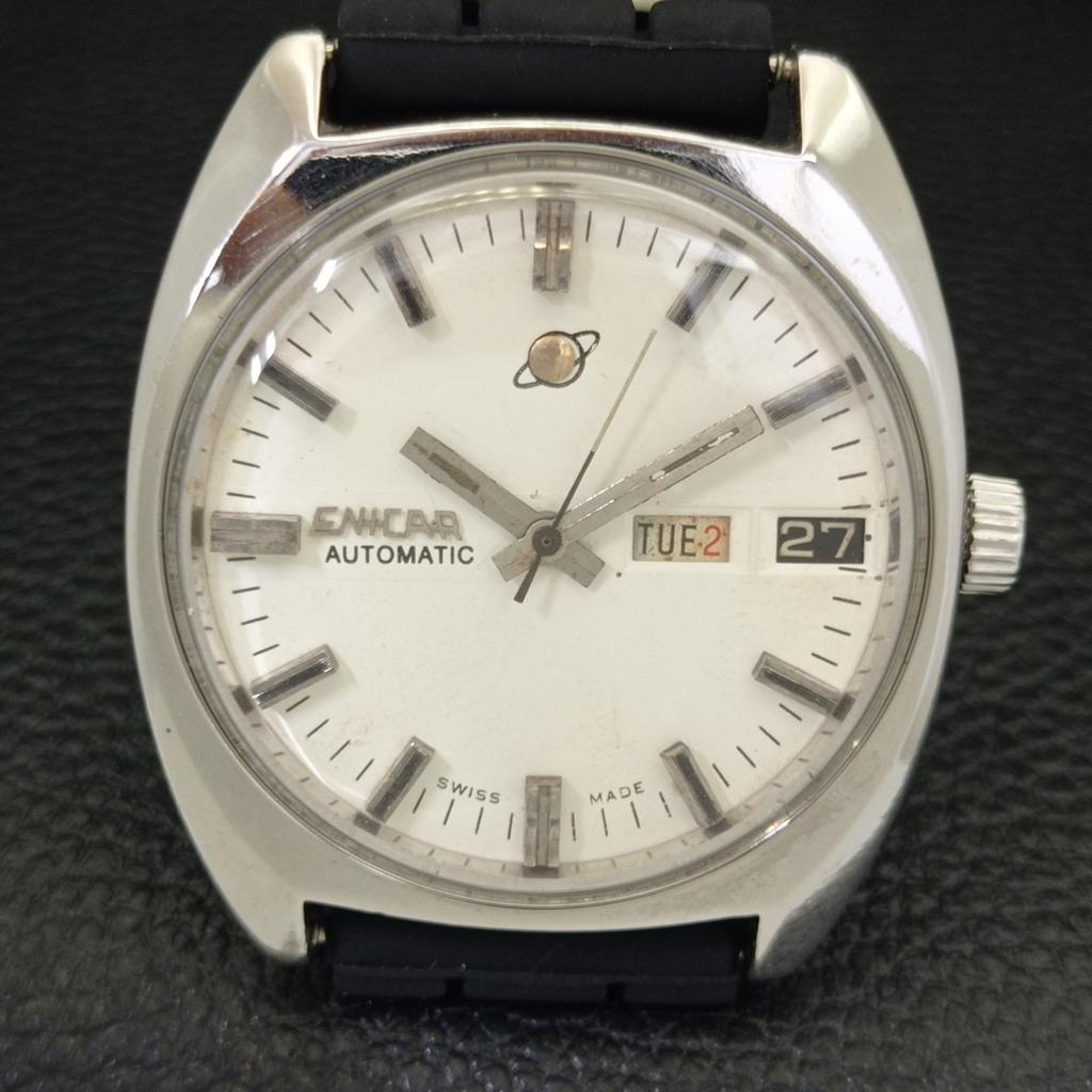 USED MENS ENICAR AUTOMATIC 167 SWISS DAY&DATE WHITE COLOR DIAL WATCH A432176-2 R110-a432176