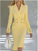 Elegant V-neck Light Yellow Knit Midi Skirt