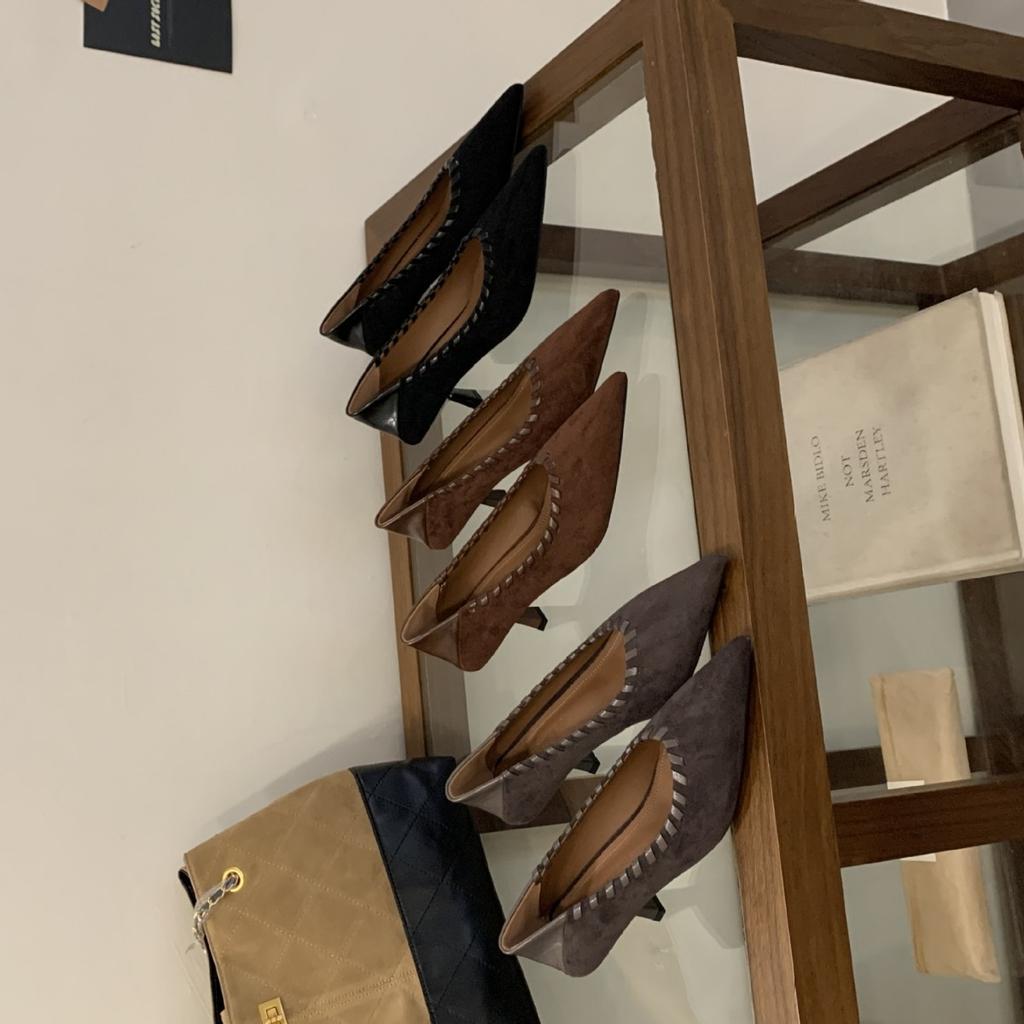 2025 new high-heeled light-mouth foot suit suede versatile commuter work woven women's single shoes