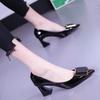 Sapatos Femininas Women Cute Pointed Toe High Quality Wine Red Patent Leather Slip On Square Heel Office Shoes A1139