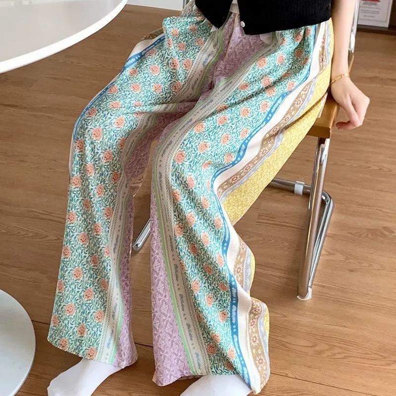 Women Bohemian Floral Print Wide Leg Pants Elastic Waist Casual Trousers Summer