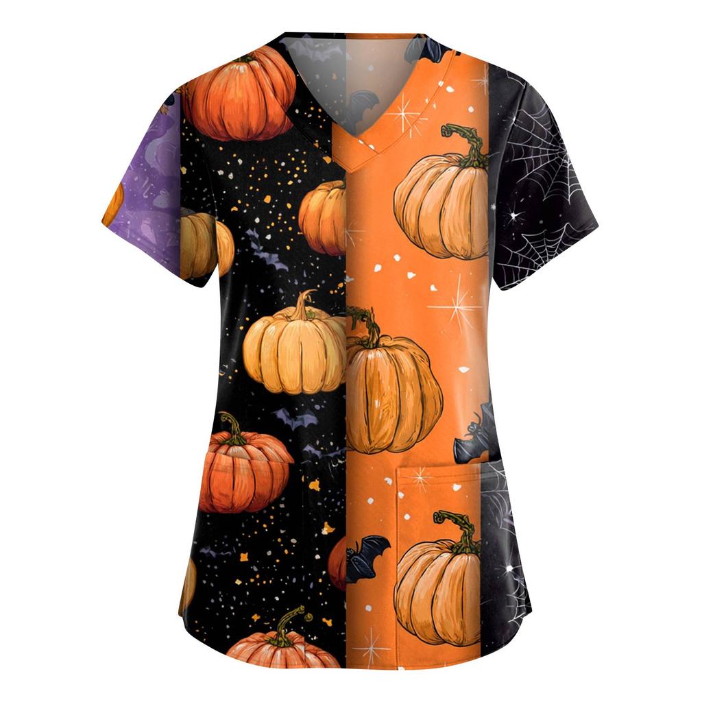 Women's Fashion V-Neck Short Sleeve Overalls With Pockets Halloween Printed Tops  Apparel