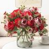 Red & Pink Artificial Peony Rose Bouquet with Daisy & Greenery, Fake Silk Flowers for Home & Wedding Decor
