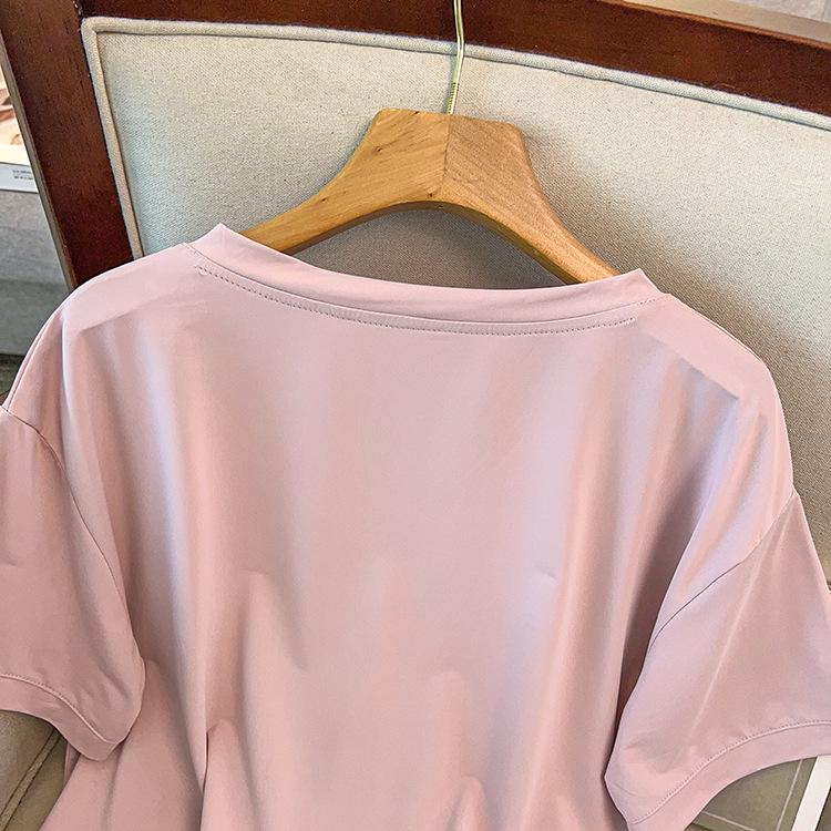Versatile Slimming V-Neck Quick-Dry Plus Size Women's Top - Summer Short Sleeve, Solid Color, 300 Jin Capacity