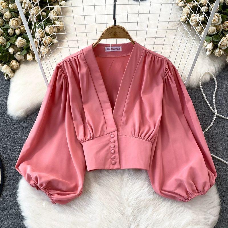 

Fashion Lantern Long Sleeve High Waist Exposed Navel Silm Pullover Watermelon red All yards