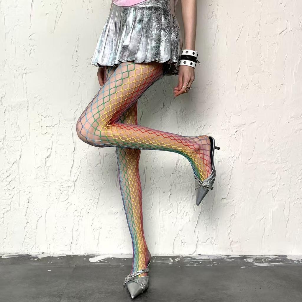 Sexy fashion RAINBOW grid women high waist stocking fishnet club tights panty knitting net pantyhose trouser mesh lingerie