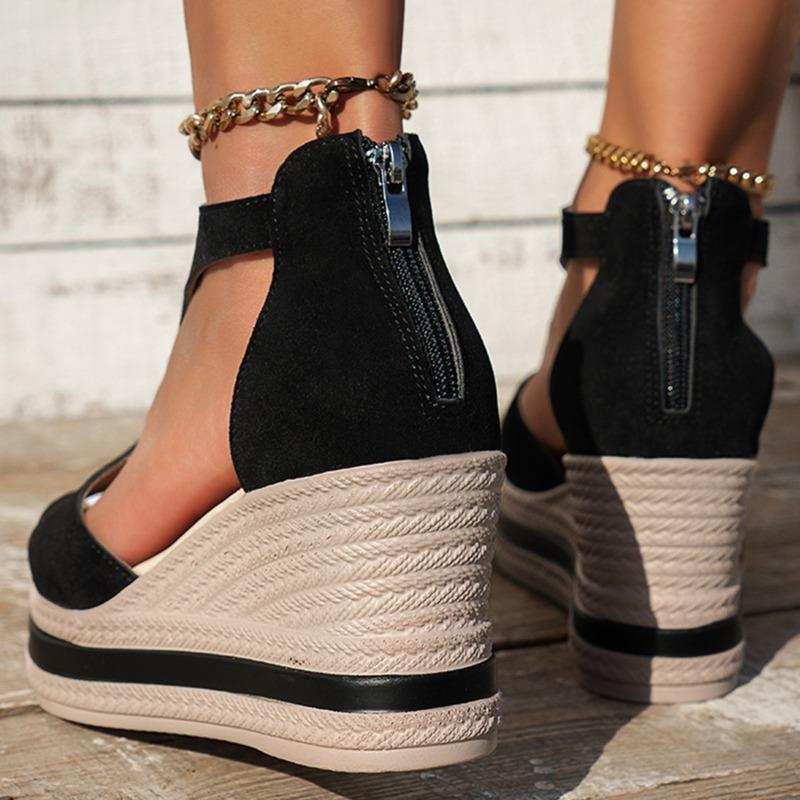 Fashion Summer New Wedge Heel Thick-soled Sandals for Women Solid Color Fish Mouth Platform High Heel Back Zipper Sandal Sandalias Mujer