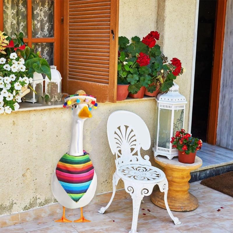 23Inch Mexico Decorative Geese Outfit With Natural Straw Sombrero and Bandana Set For Patios Garden Geese Statue Decors
