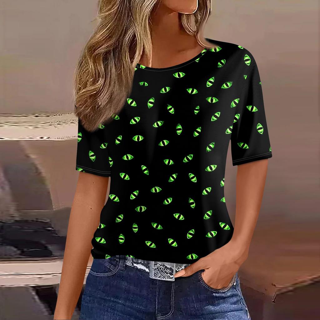 Women's Casual Short Sleeve Pullover Top Halloween Pumpkin Ghost Bat Print Round Neck Loose Fit Shirt for Autumn