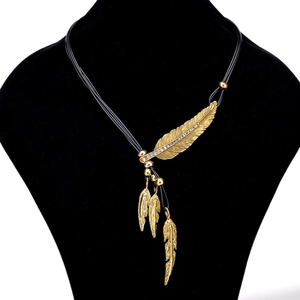 Silver Golden Feather Necklace Rhinestone Leaves Neck Pendant Leather Rope Tassel Necklace  Party
