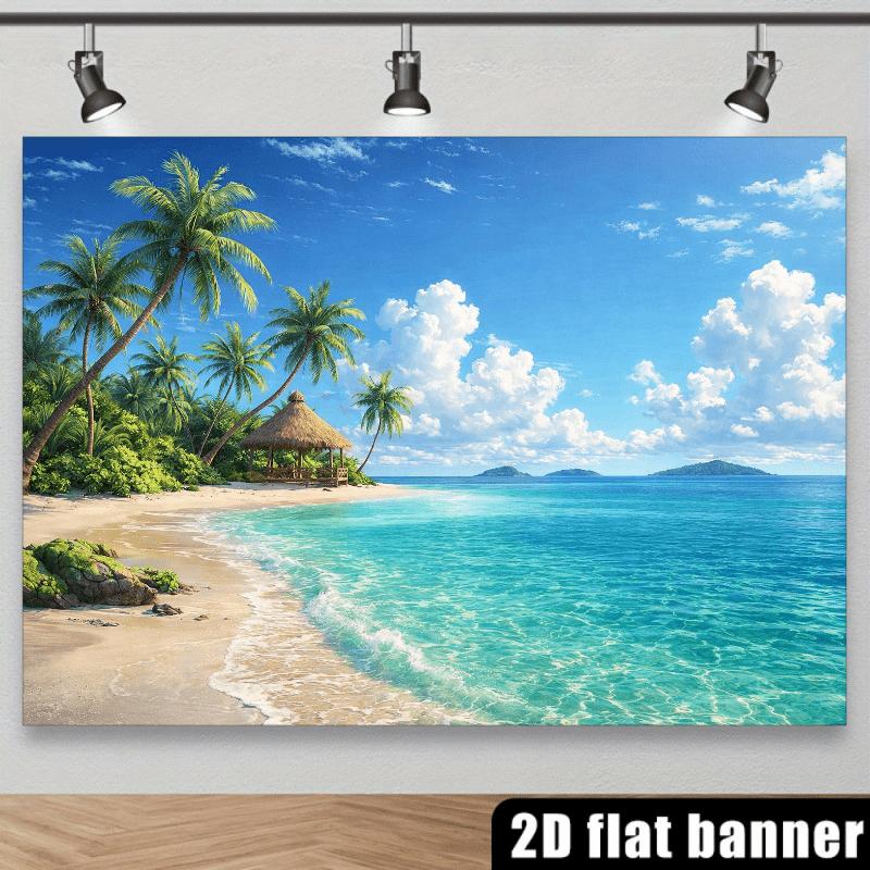2D Planar Beach Scenery Theme Background Fabric. The Picture Shows a Peaceful White Sandy Beach with Lush Trees.