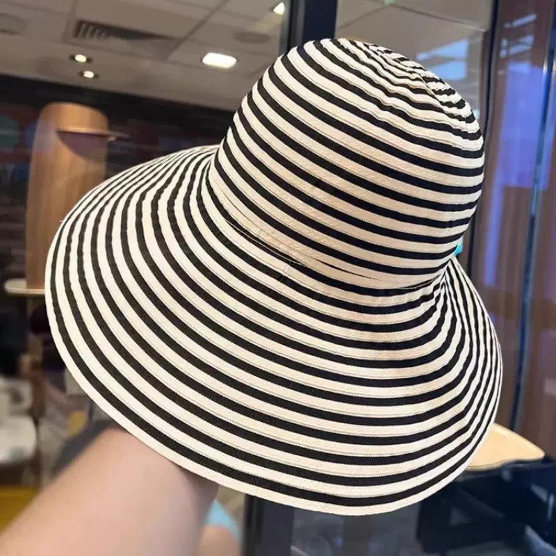 Color Blocking Striped Large Brim Sun Hat Summer Vacation Women Girls Outdoor Beach Bucket Hats Leisure Vacation Style Sun Hat