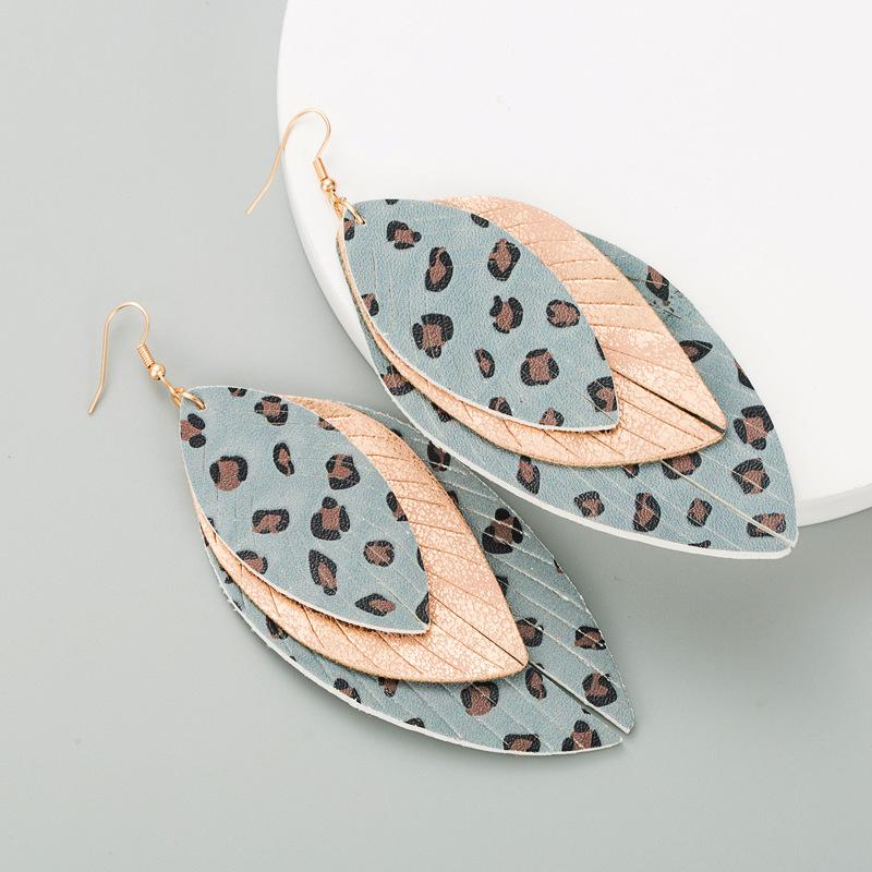 Women Leopard Print Drop Earrings Titanium Steel Leaf Shape Multi-layer PU Leather Bohemia Ear Ornaments