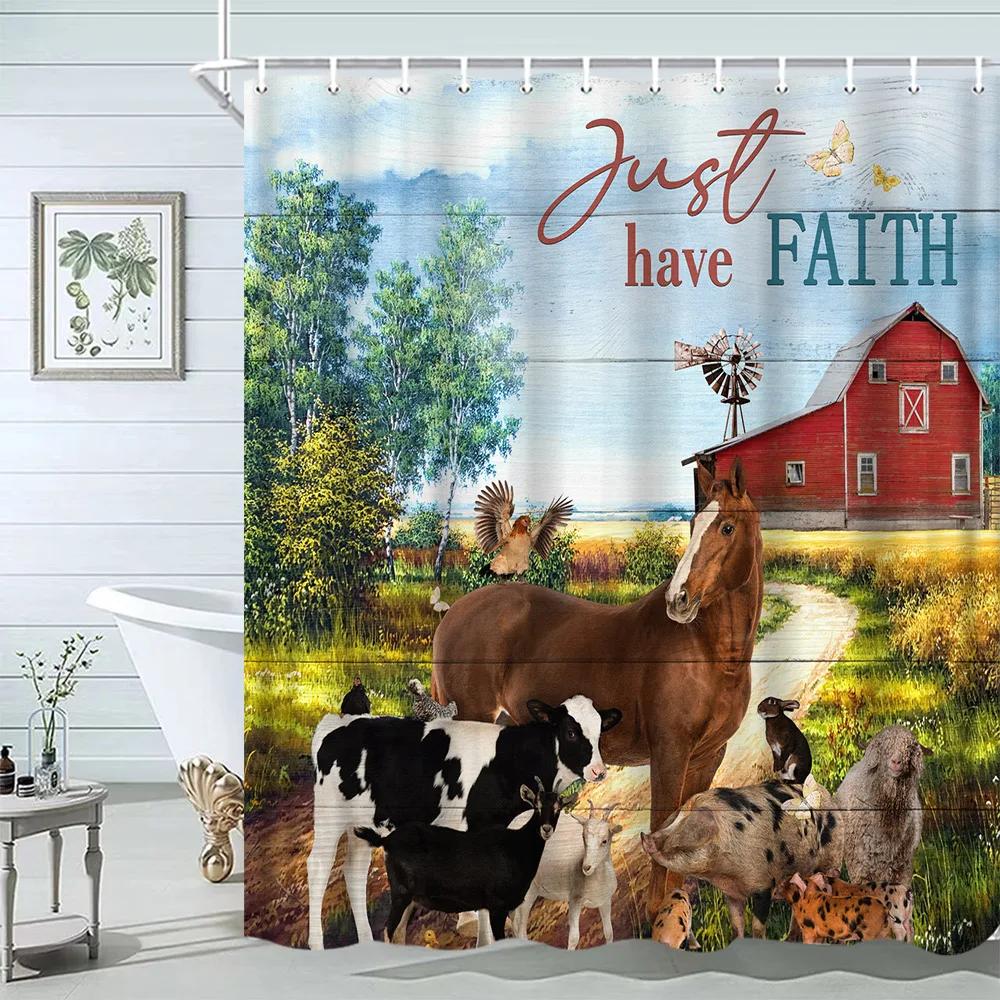 Funny Highland Bull Shower Curtains Set Western Bull Portrait Brown Wood Panel Rustic Landscape Barn Bath Curtain Bathroom Decor