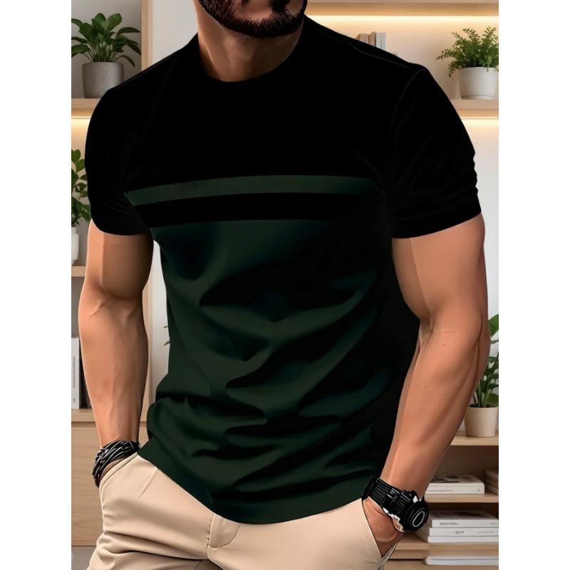 Heren Zwart en Donkergroen Colorblock T-shirt met Dubbele Horizontale Strepen, Ronde Hals, Korte Mouw, Casual Losse Pasvorm Top XL
