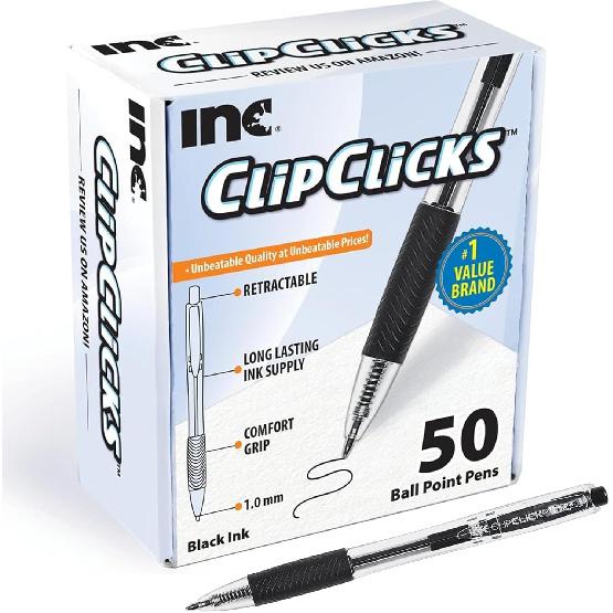 Inc. ClipClicks Retractable Ballpoint Pens - Bulk 1.0-mm Medium-Point Pen Set With Comfort Grip for School, Office, Writing, and Journaling, 50