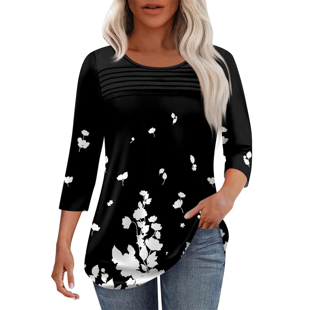 Women's Fashion Round Neck Pleated Front Placket Solid Color 3/4 Sleeve Top