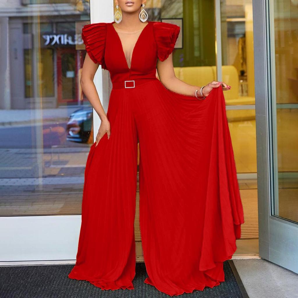 C8520P Belted Wide-Leg Deep V Pleated Jumpsuit - Plus Size European & American Style for Women