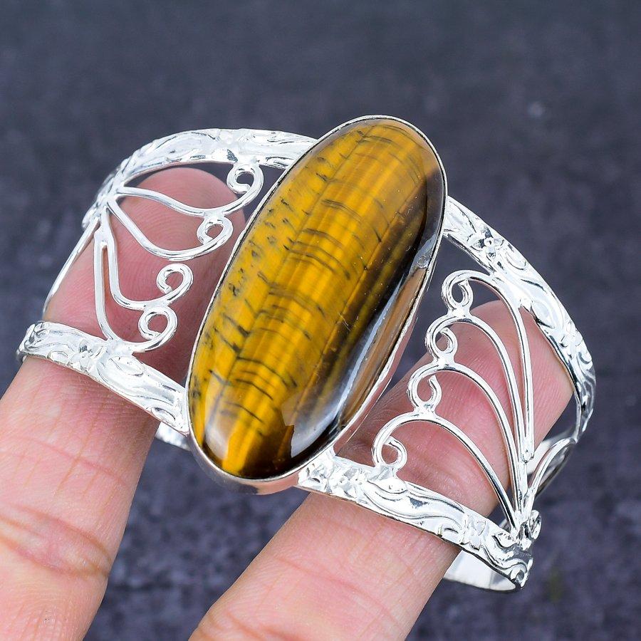 Natural Tiger Eye Gemstone 925 Sterling Silver Cuff Bangle Adjustable O7z61