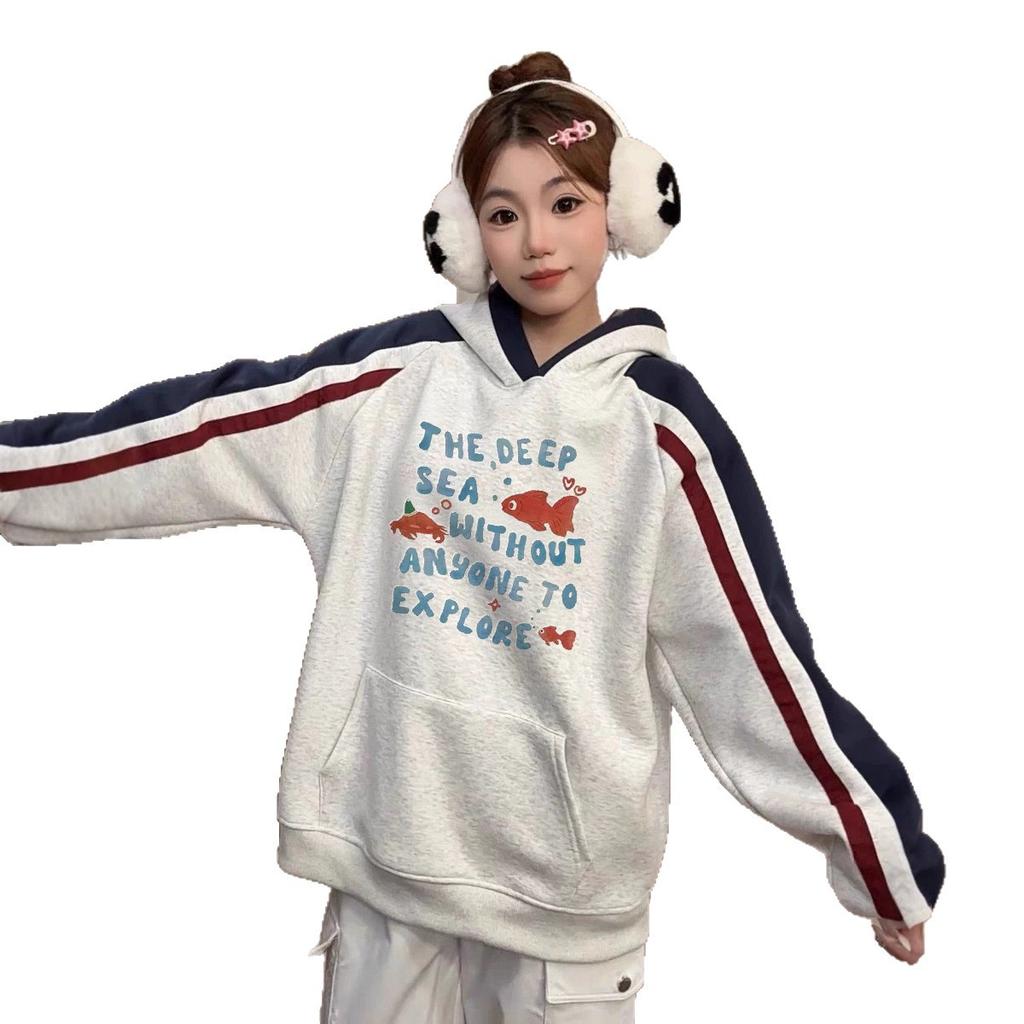 American Retro Contrasting Goldfish Hooded Sweater Men's and Women's New Autumn and Winter Loose Couple Tops