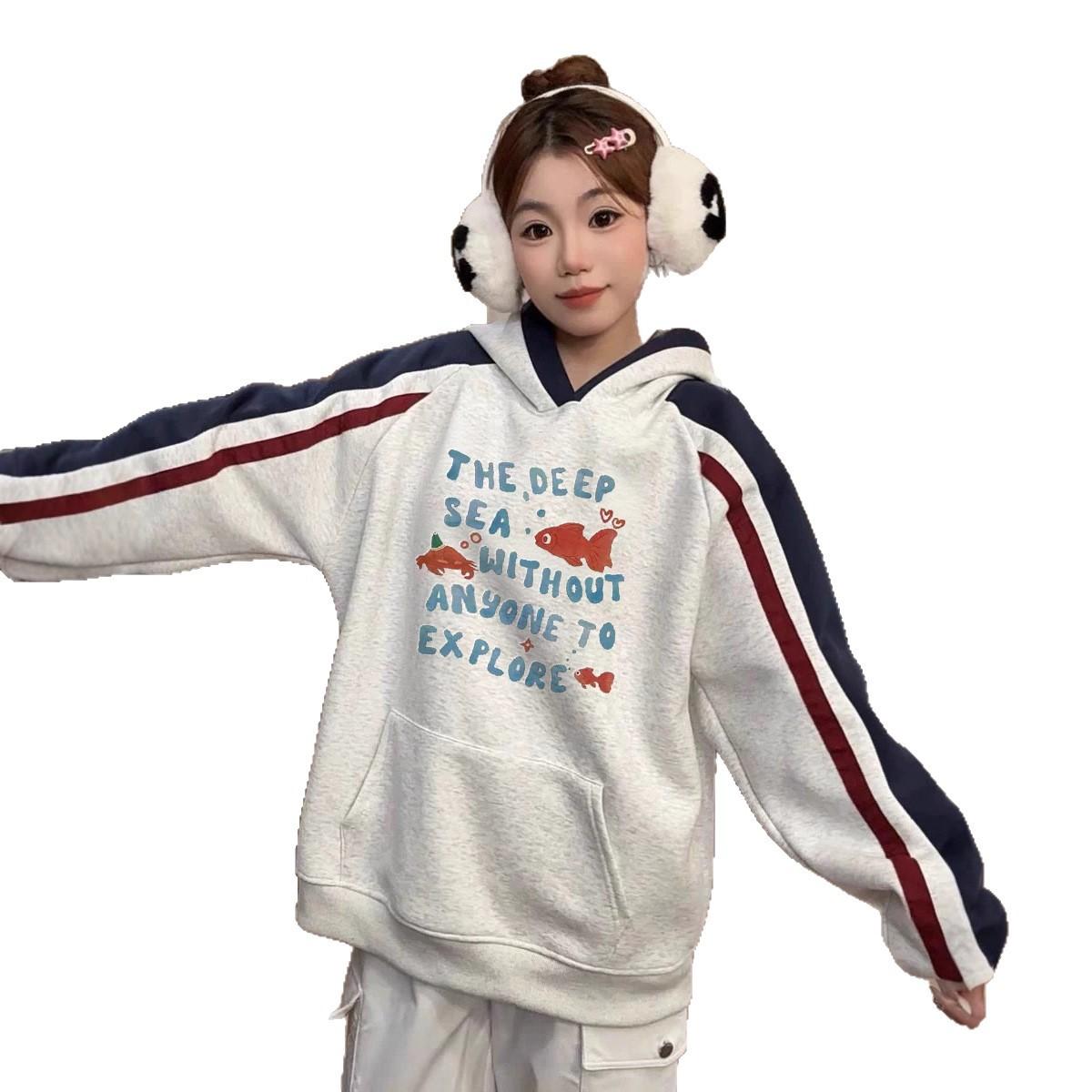 

Американский ретро контрастный худи с золотыми рыбками для мужчин и женщин, новый осенне-зимний свободный парный топ XXXL