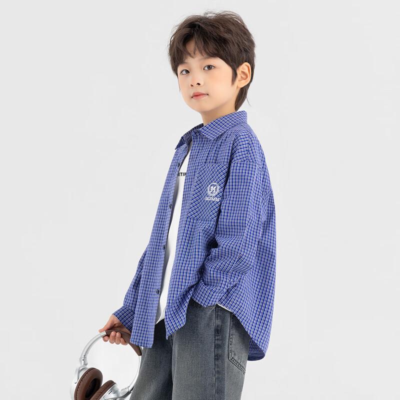 Boys  2025 Fall Classic Navy Plaid Collared Shirt 140
