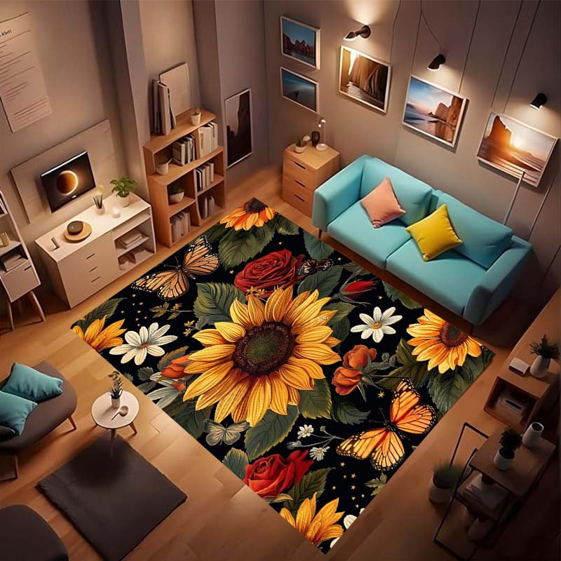 Customizable sunflower pattern non-slip rug, soft flannel, washable, non-slip backing, suitable for living rooms, bedrooms, bath