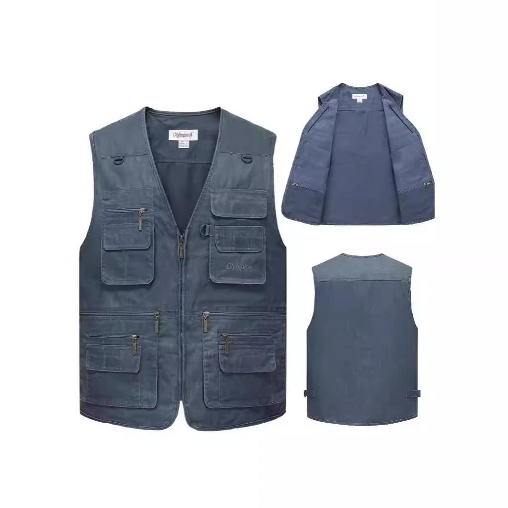 Pánská pracovní vesta bez rukávů s více kapsami, ležérní užitková vesta v béžové, armádní zelené, tmavě šedé, khaki, námořnické modré, velikosti XL-10XL