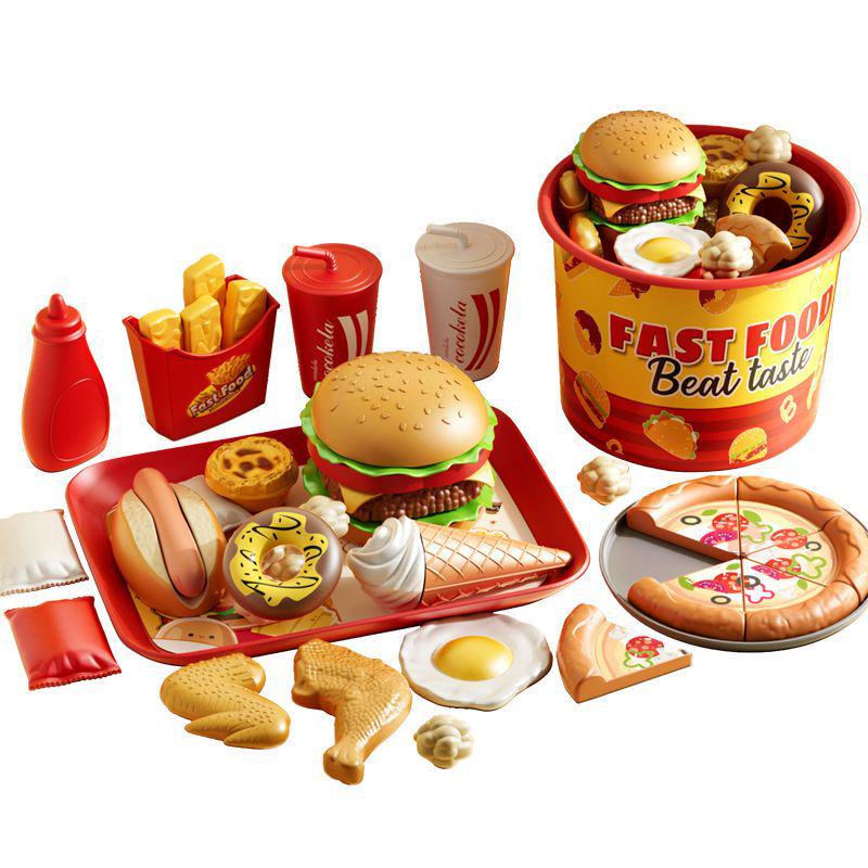 Kids' Pretend Kitchen Playset: Fast Food Pizza & Burger Meal with Fries, Egg Tart, and More